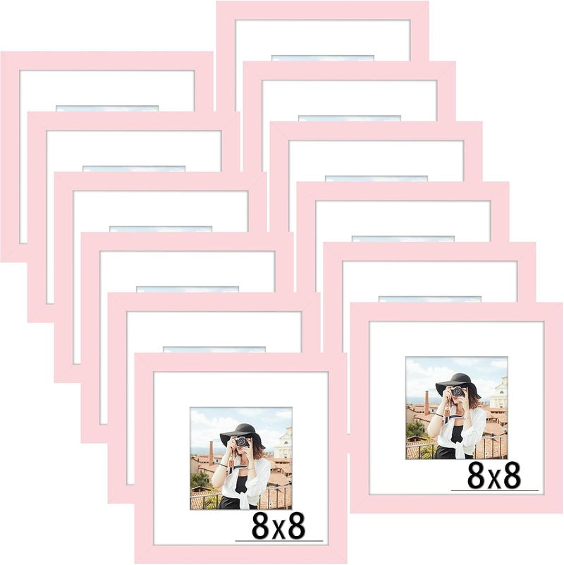 Picrit 8x8 Picture Frame Set of 12, Display 5x5 with Mat or 8 x 8 without Mat, Photo Frames for Wall Mounting or Table Top Display, Pink - Image 1