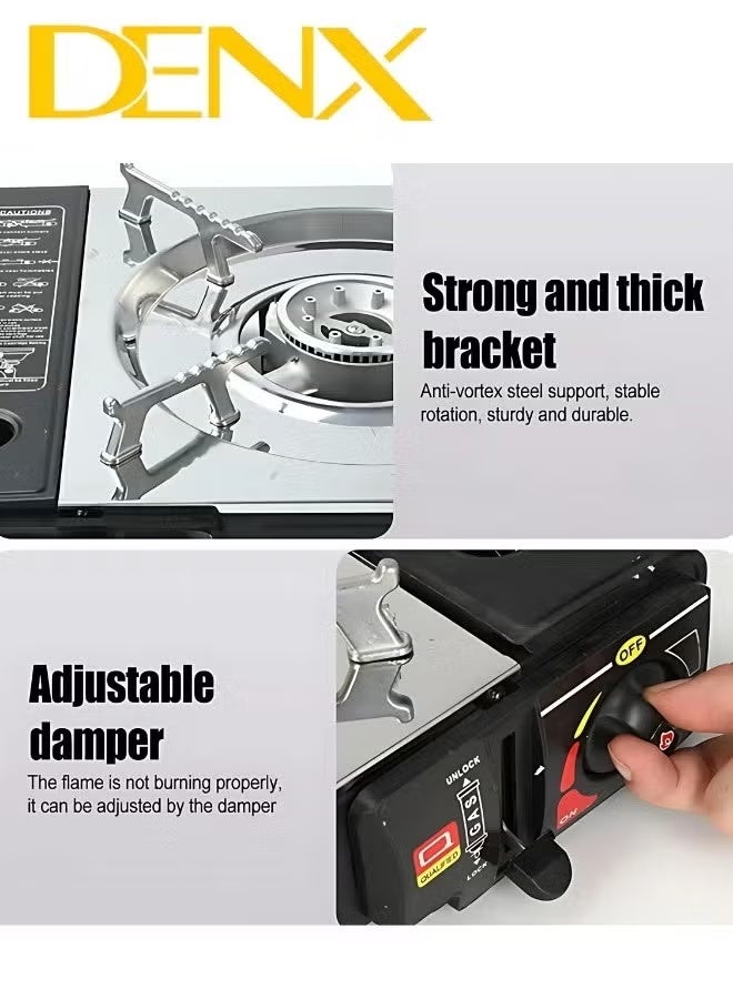 Denx The 2200-Watt Portable Single Gas Stove offers a powerful and efficient cooking solution wherever you go—whether indoors or outdoors. Its compact and lightweight design makes it easy to carry and store, perfect for travel, camping, picnics, or emergency use.  Equipped with a single burner and precise flame control, this stove allows you to easily adjust the heat for perfect cooking results—from quick boiling to gentle simmering. Made from high-quality, rust-resistant materials, it’s built to withstand outdoor conditions and provide long-lasting durability.  Compatible with standard butane or propane gas canisters, this stove delivers strong 2200-watt performance to cook your meals quickly and efficiently. Safety features ensure reliable and secure operation both inside your home and outdoors.  Whether you need a quick meal at home or want a portable cooking option for your adventures, this gas stove is the ideal choice for convenient, safe, and versatile cooking on the go. - Image 1