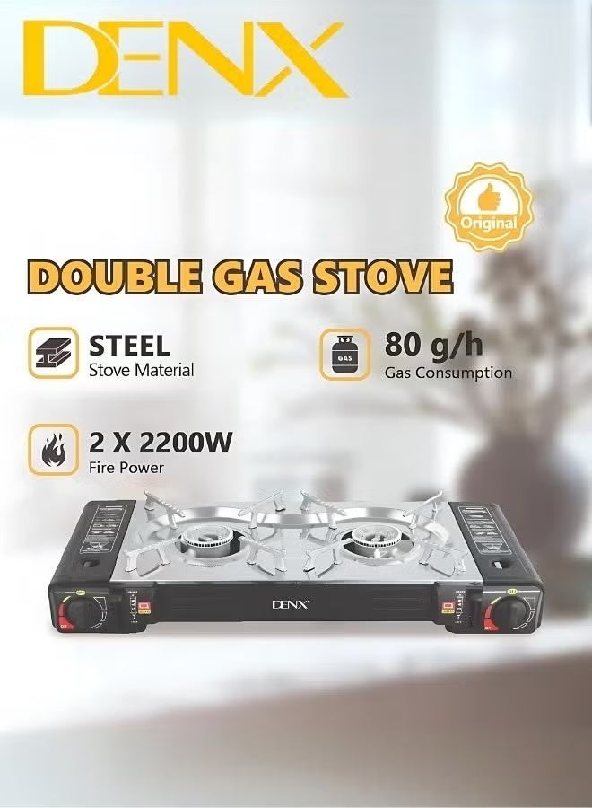 Denx The 2200-Watt Portable Single Gas Stove offers a powerful and efficient cooking solution wherever you go—whether indoors or outdoors. Its compact and lightweight design makes it easy to carry and store, perfect for travel, camping, picnics, or emergency use.  Equipped with a single burner and precise flame control, this stove allows you to easily adjust the heat for perfect cooking results—from quick boiling to gentle simmering. Made from high-quality, rust-resistant materials, it’s built to withstand outdoor conditions and provide long-lasting durability.  Compatible with standard butane or propane gas canisters, this stove delivers strong 2200-watt performance to cook your meals quickly and efficiently. Safety features ensure reliable and secure operation both inside your home and outdoors.  Whether you need a quick meal at home or want a portable cooking option for your adventures, this gas stove is the ideal choice for convenient, safe, and versatile cooking on the go. - Image 5