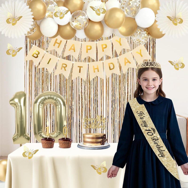 Juesly 10th Birthday Decorations for Girls, Champagne Gold Happy 10 Year Old Gifts for Girls, 10 Sash and Crown, Banner, Fringe Curtains, Hanging Paper Fans, 10th Birthday Party Decorations Supplies - Image 2