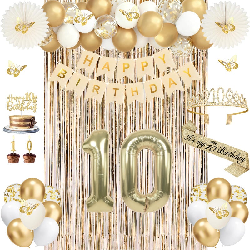 Juesly 10th Birthday Decorations for Girls, Champagne Gold Happy 10 Year Old Gifts for Girls, 10 Sash and Crown, Banner, Fringe Curtains, Hanging Paper Fans, 10th Birthday Party Decorations Supplies - Image 1