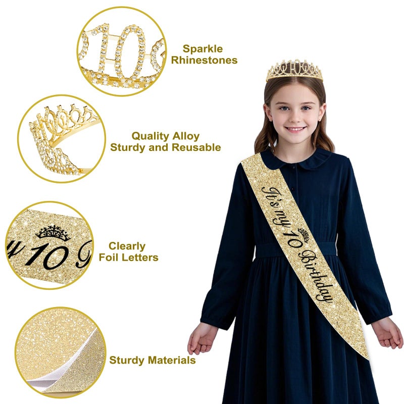 Juesly 10th Birthday Decorations for Girls, Champagne Gold Happy 10 Year Old Gifts for Girls, 10 Sash and Crown, Banner, Fringe Curtains, Hanging Paper Fans, 10th Birthday Party Decorations Supplies - Image 4