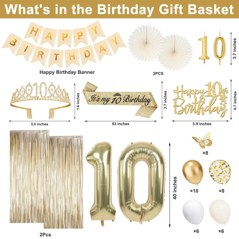 Juesly 10th Birthday Decorations for Girls, Champagne Gold Happy 10 Year Old Gifts for Girls, 10 Sash and Crown, Banner, Fringe Curtains, Hanging Paper Fans, 10th Birthday Party Decorations Supplies - Image 3