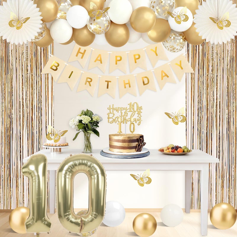 Juesly 10th Birthday Decorations for Girls, Champagne Gold Happy 10 Year Old Gifts for Girls, 10 Sash and Crown, Banner, Fringe Curtains, Hanging Paper Fans, 10th Birthday Party Decorations Supplies - Image 5