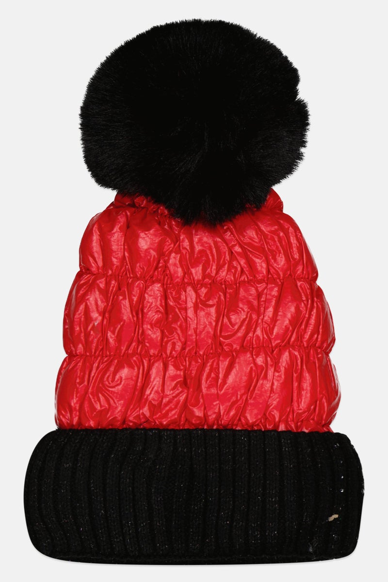 Justin Gregory Women Pom Pom Puffer Beanie, Red - Image 2