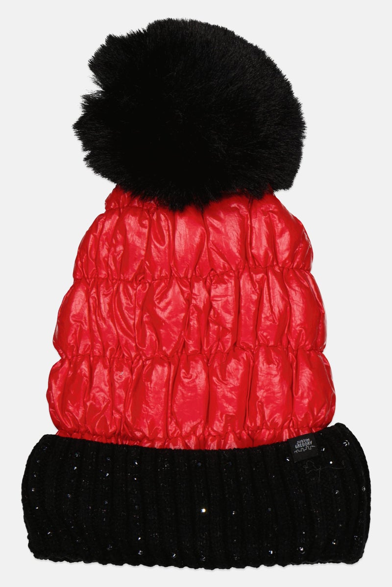 Justin Gregory Women Pom Pom Puffer Beanie, Red - Image 1