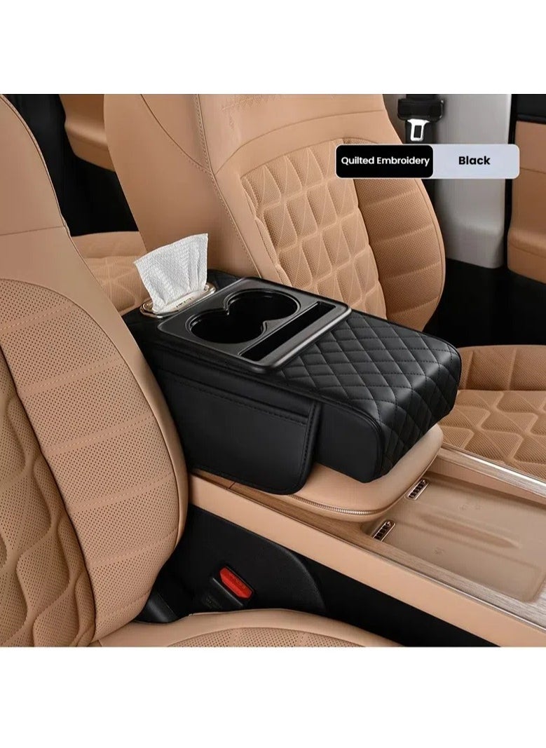 Generic Car Armrest Cushion Pad with Tissue Box, Storage Bag, Cup Holder & Heightening Pad – All-in-One Center Console Organizer for Vehicle(Black)  - Image 1