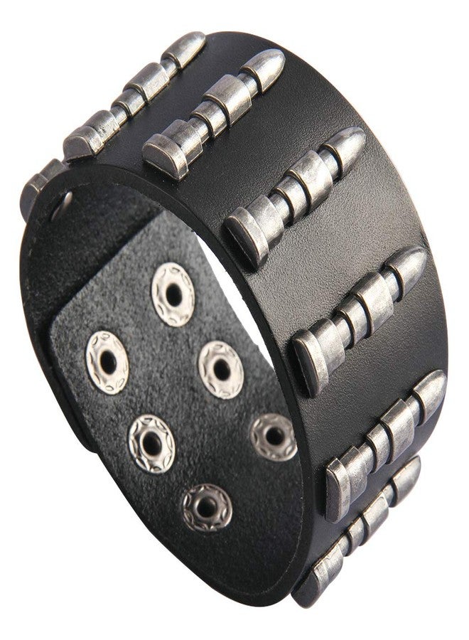 Jeilwiy Leather Cuff Bracelet Bullets Wrap Bracelet Punk Rock Biker Tough Guy Wristband Bangle Black - Image 2