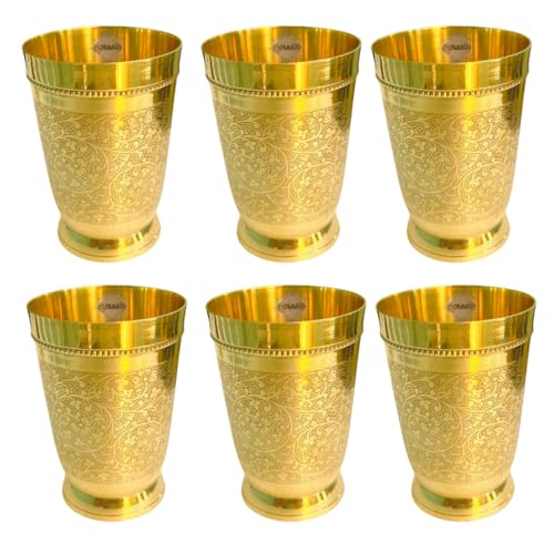 COPRASIA Brass Dining Glass | Drinking Brass Tumbler with Embossed Design | 300 ml Peetal Glass for Daily Use, Traditional Kitchenware & Pooja Use (Pack of 6) - Image 1
