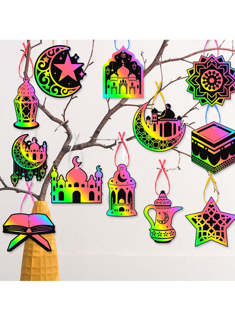 Rainbow Magic Scratch card Kit, Eid al-Adha Decoration, Designs with Wooden Stylus and Ribbons, 24 Pcs DIY Scratch cards,Decorative tags  - Image 3