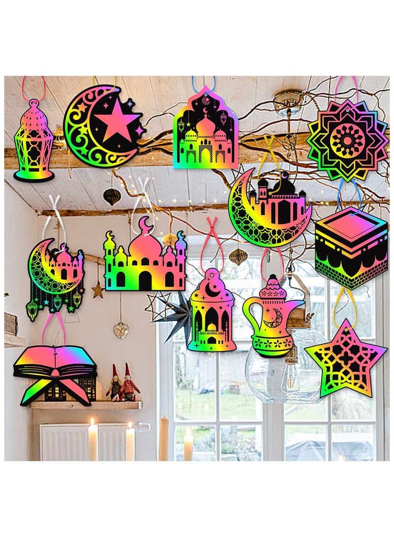 Rainbow Magic Scratch card Kit, Eid al-Adha Decoration, Designs with Wooden Stylus and Ribbons, 24 Pcs DIY Scratch cards,Decorative tags  - Image 4