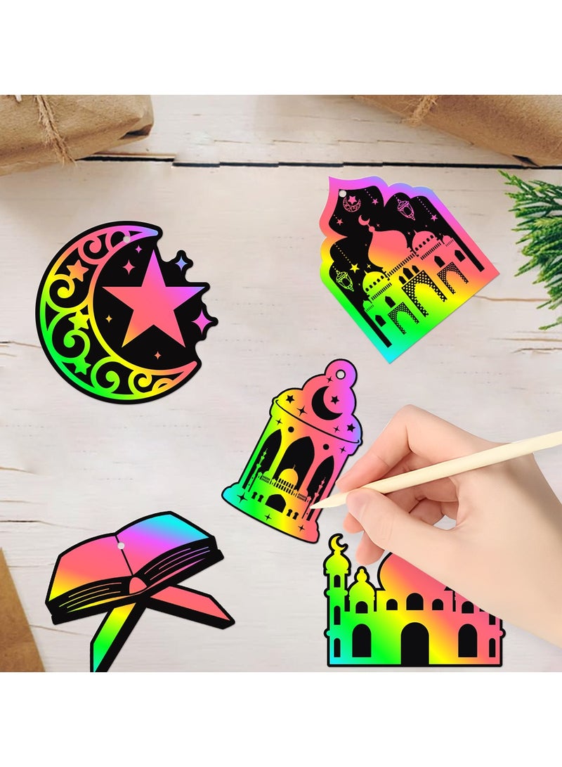 Rainbow Magic Scratch card Kit, Eid al-Adha Decoration, Designs with Wooden Stylus and Ribbons, 24 Pcs DIY Scratch cards,Decorative tags  - Image 5