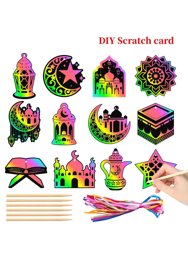 Rainbow Magic Scratch card Kit, Eid al-Adha Decoration, Designs with Wooden Stylus and Ribbons, 24 Pcs DIY Scratch cards,Decorative tags  - Image 1