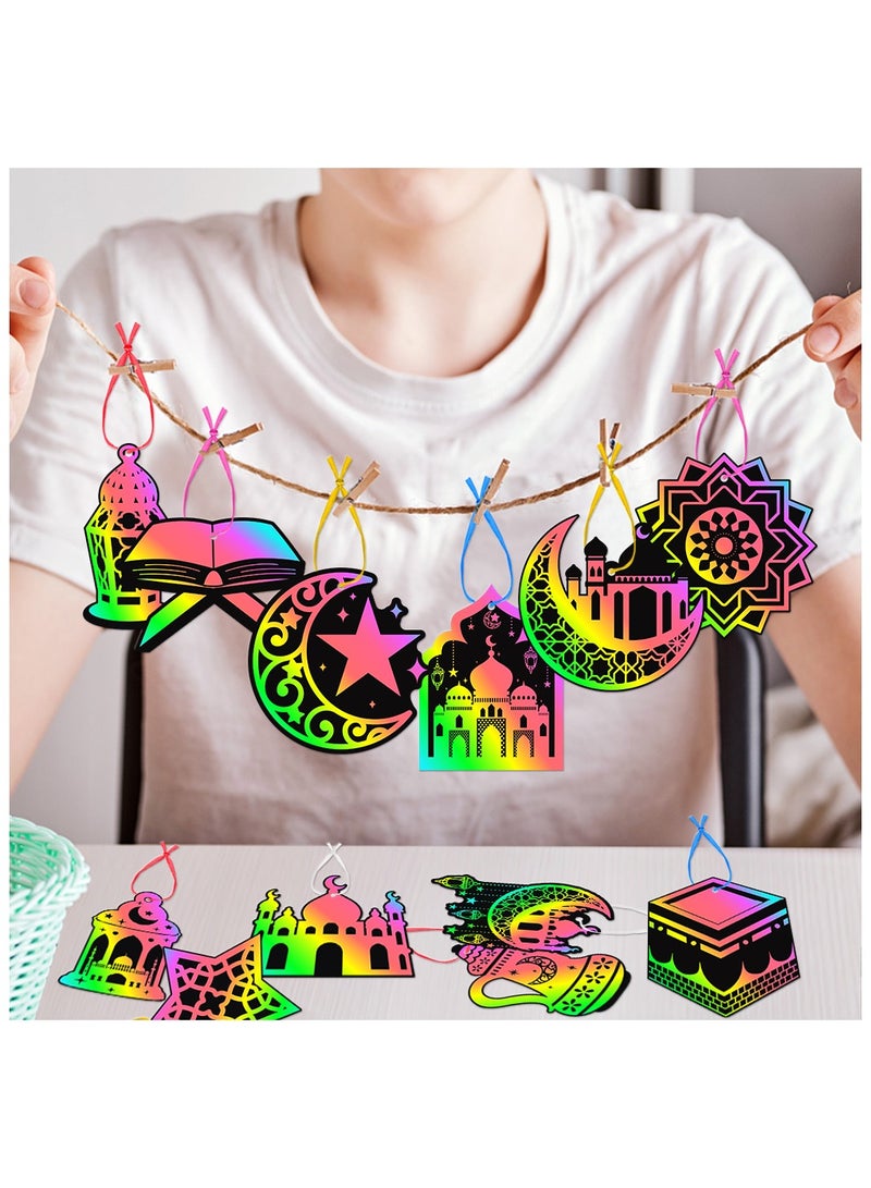 Rainbow Magic Scratch card Kit, Eid al-Adha Decoration, Designs with Wooden Stylus and Ribbons, 24 Pcs DIY Scratch cards,Decorative tags  - Image 2
