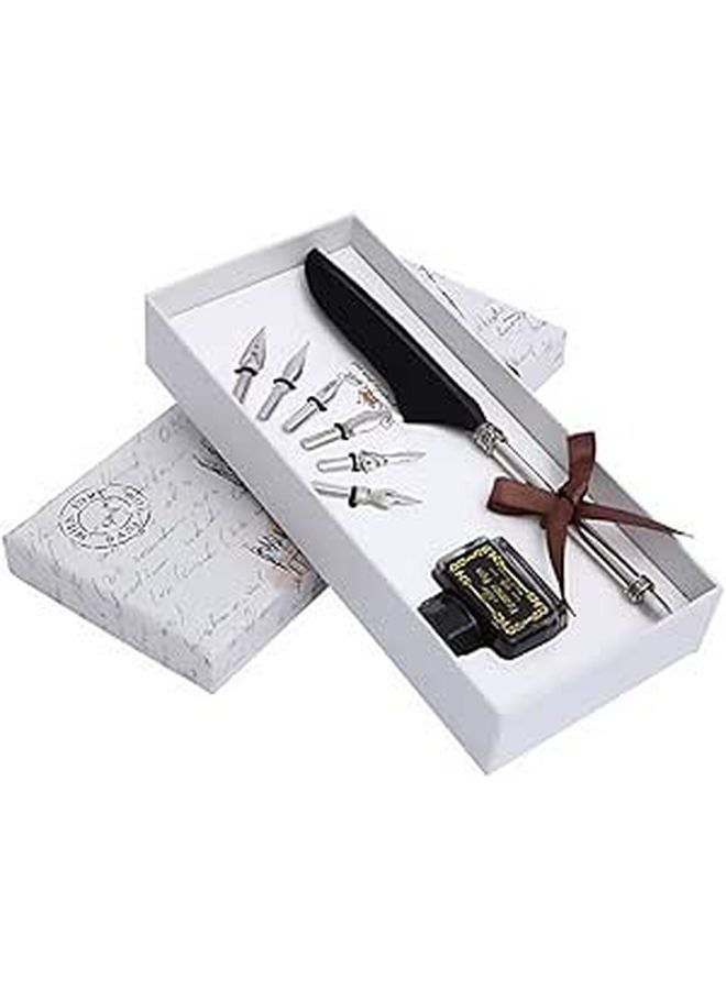 Black Quill Pen Set with Ink Bottle European Style Calligraphy Writing Accessory - Image 1