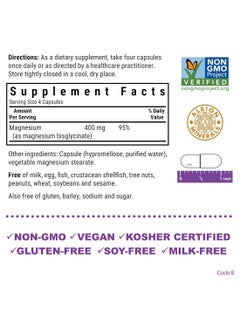 Bluebonnet Nutrition Magnesium Glycinate 400 Mg Maximum Absorption Mineral Complex Supports Energy Production And Enzyme 60 Veggie Capsules  - Image 2