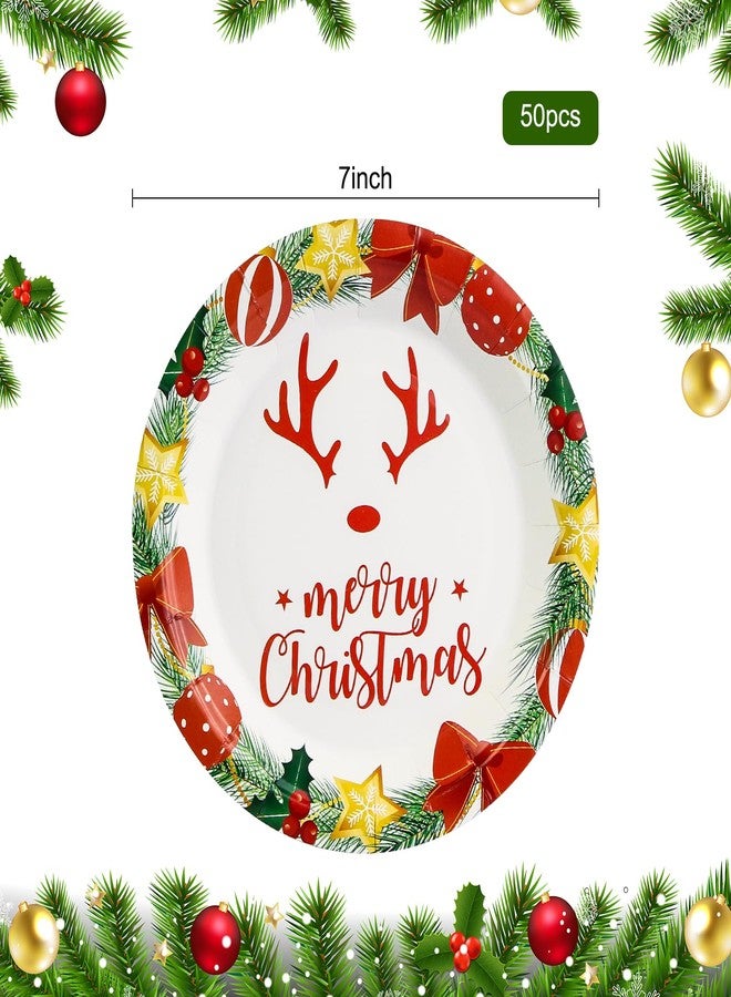 KFJBPB 50 Pack Christmas Paper Plates 7 inch, Merry Christmas Antlers Disposable Paper Plates Christmas Dessert Plates Salad Plates for Christmas Party Supplies (White) - Image 2