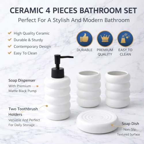 Whizzo® Premium Ceramic Bathroom Accessories Set of 4 Including Soap Dispenser, Toothbrush Holder, Tumbler, Soap Dish for Home, Bathroom - The Best Gifting Choice [WZ-BS-833-White] - Image 2