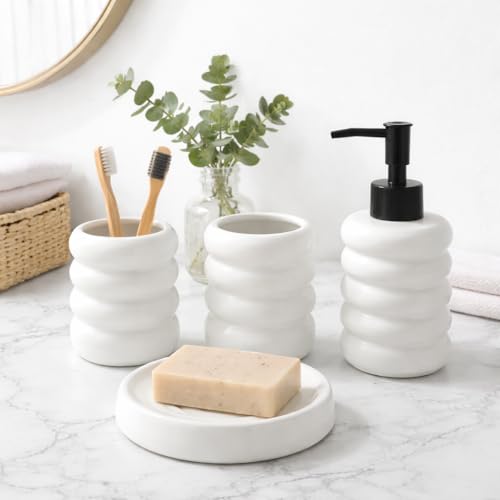 Whizzo® Premium Ceramic Bathroom Accessories Set of 4 Including Soap Dispenser, Toothbrush Holder, Tumbler, Soap Dish for Home, Bathroom - The Best Gifting Choice [WZ-BS-833-White] - Image 1
