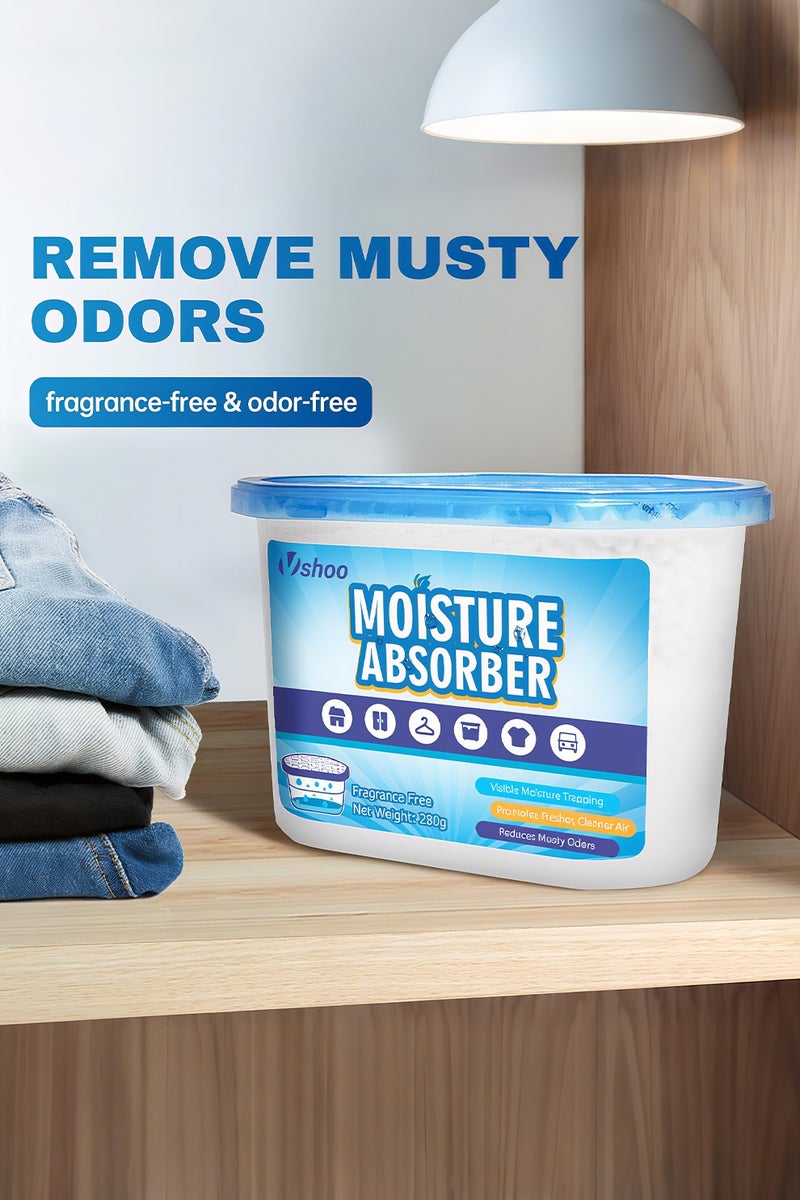 فشوو أجهزة امتصاص الرطوبة من Vshoo - 6 قطع (280 جرام) مزيل رطوبة مضغوط - عبوات فعالة لامتصاص الرطوبة في الخزانات، الحمامات، القبو، الغرف - مزيل روائح خالي من العطور (500 مل) - Image 3