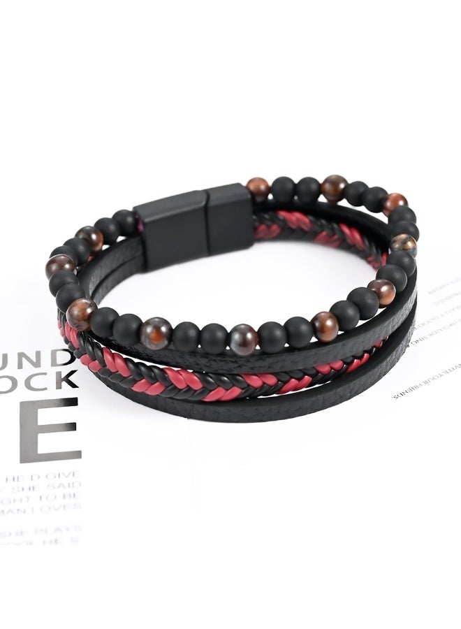 Bracelet – Red Tiger Eye Beaded Leather Bracelet, Unisex Jewelry Gift for Men and Women - Image 2