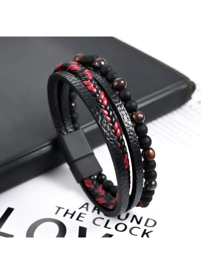 Bracelet – Red Tiger Eye Beaded Leather Bracelet, Unisex Jewelry Gift for Men and Women - Image 1