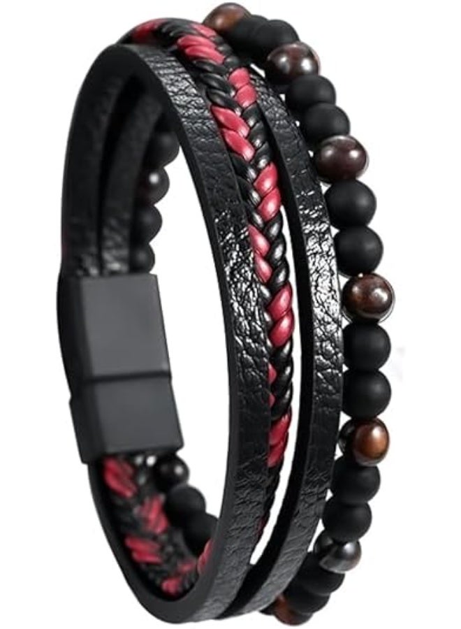 Bracelet – Red Tiger Eye Beaded Leather Bracelet, Unisex Jewelry Gift for Men and Women - Image 3