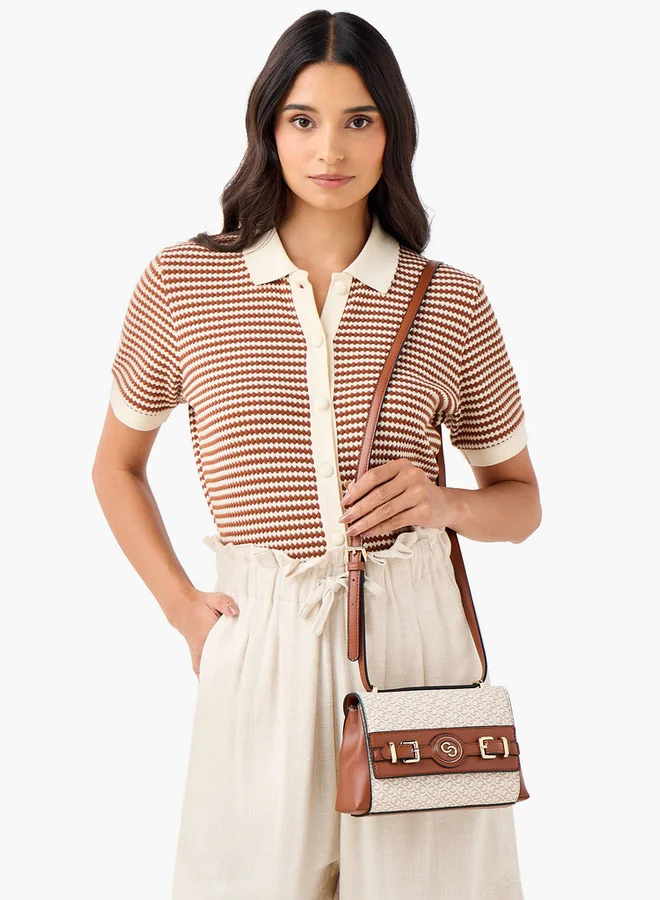 Celeste Monogram Print Crossbody Bag with Adjustable Strap and Button Closure