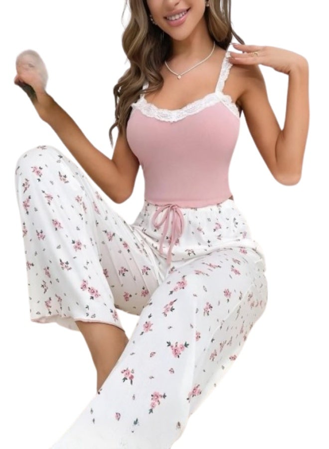 Women's two-piece ribbed cotton pajama set – elegant lace-trimmed top + comfortable floral pants - Image 1