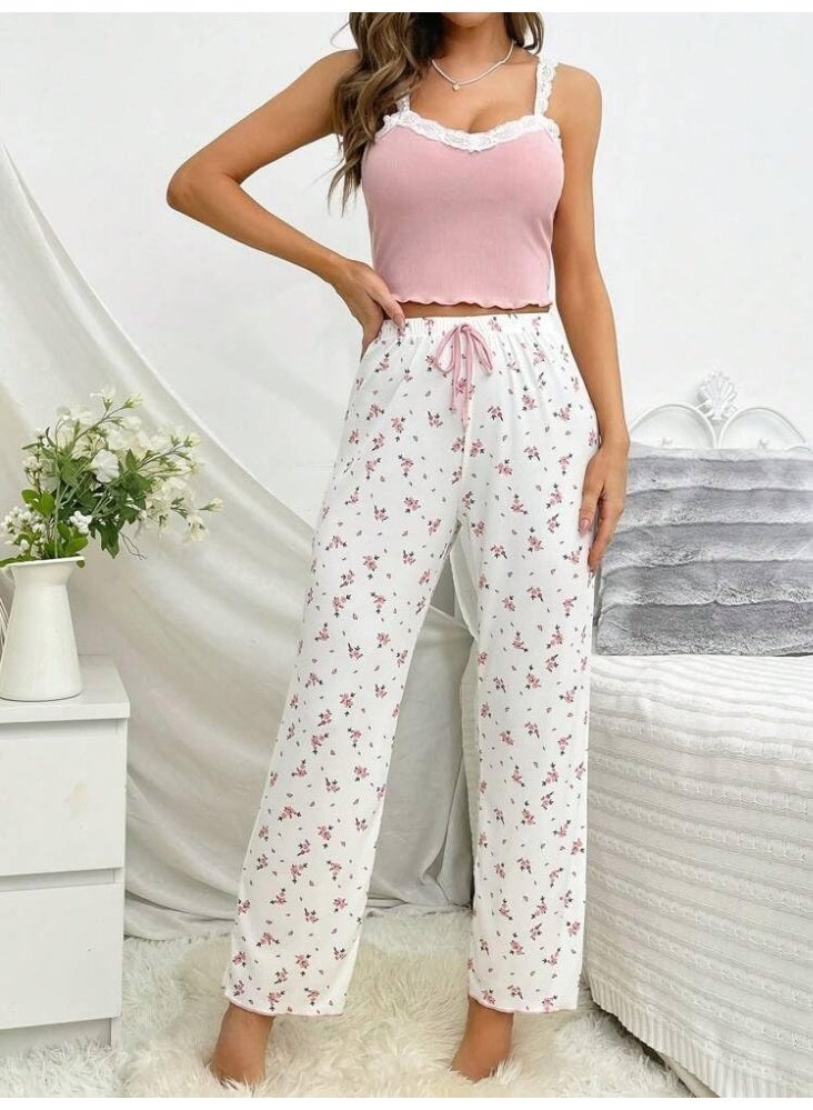 Women's two-piece ribbed cotton pajama set – elegant lace-trimmed top + comfortable floral pants - Image 2