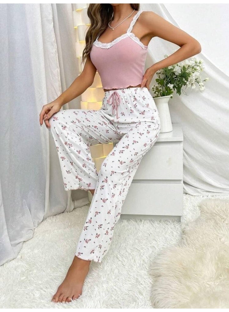 Women's two-piece ribbed cotton pajama set – elegant lace-trimmed top + comfortable floral pants - Image 4