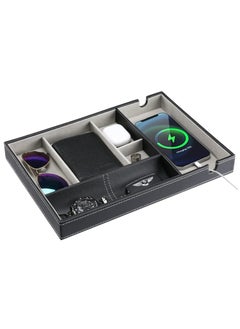 Valet Tray Organizer for Men, PU Leather Nightstand Holder with Large Cellphone Charging Station Men’s Storage Box for Wallet Watch Sunglasses Keys Changes Coins EDC -Black