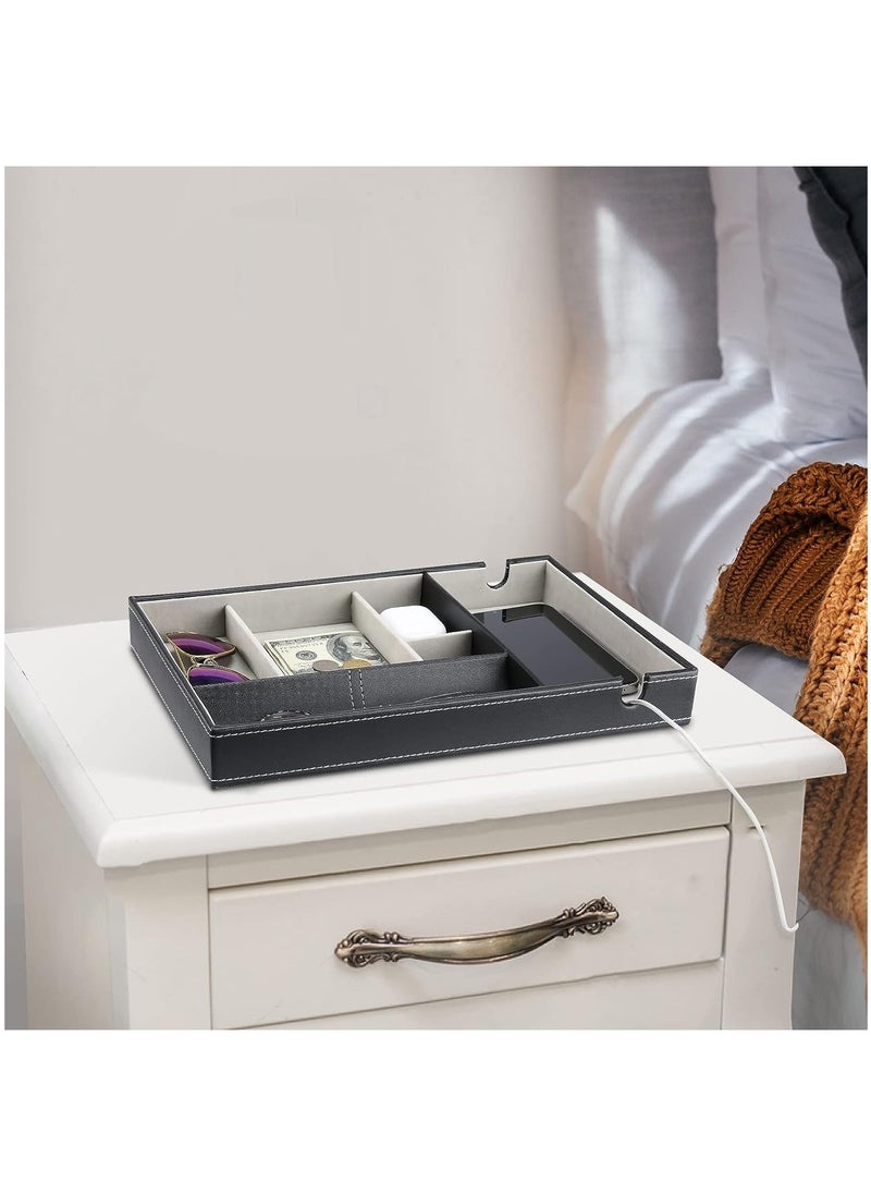 Arabest - Valet Tray Organizer for Men, PU Leather Nightstand Holder with Large Cellphone Charging Station Men’s Storage Box for Wallet Watch Sunglasses Keys Changes Coins EDC -Black - Image 1