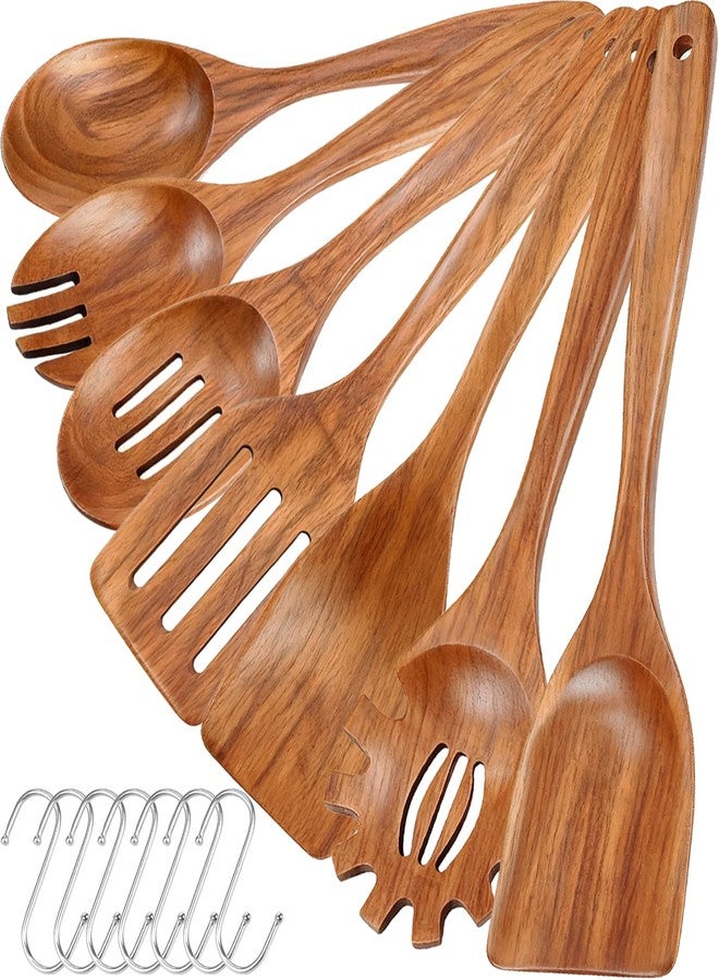 Herda Wooden Spoons for Cooking, 7 Piece Natural Teak Wooden Kitchen Utensil Set, Wooden Utensils for Cooking with Long & Comfort Grip, Cooking Utensils Set Perfect for Non-Stick Cookware - Image 1