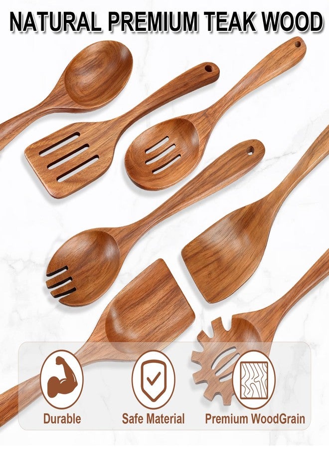 Herda Wooden Spoons for Cooking, 7 Piece Natural Teak Wooden Kitchen Utensil Set, Wooden Utensils for Cooking with Long & Comfort Grip, Cooking Utensils Set Perfect for Non-Stick Cookware - Image 3