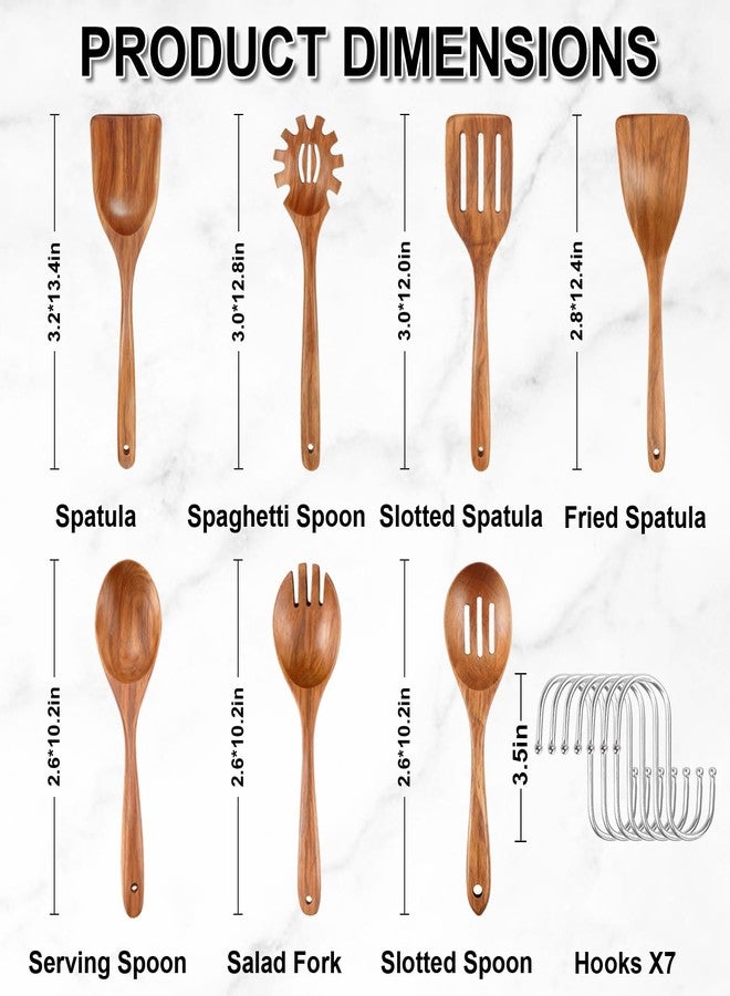 Herda Wooden Spoons for Cooking, 7 Piece Natural Teak Wooden Kitchen Utensil Set, Wooden Utensils for Cooking with Long & Comfort Grip, Cooking Utensils Set Perfect for Non-Stick Cookware - Image 2