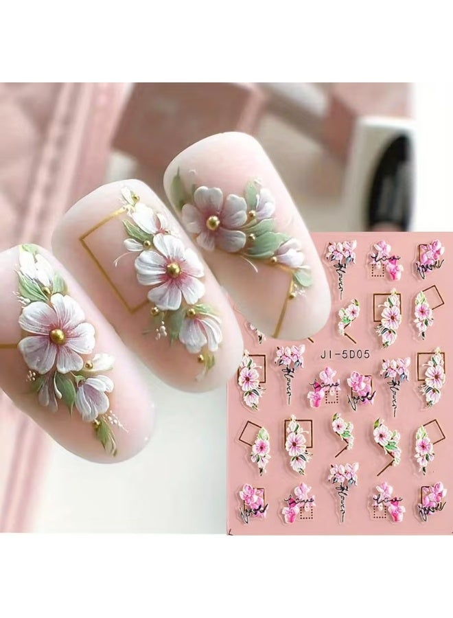 Goolsky 1 Sheet 5D Self-Adhesive Nail Art Stickers with Embossed Roses & Tulips, Glossy Finish & Golden Glitter Accents - Image 5