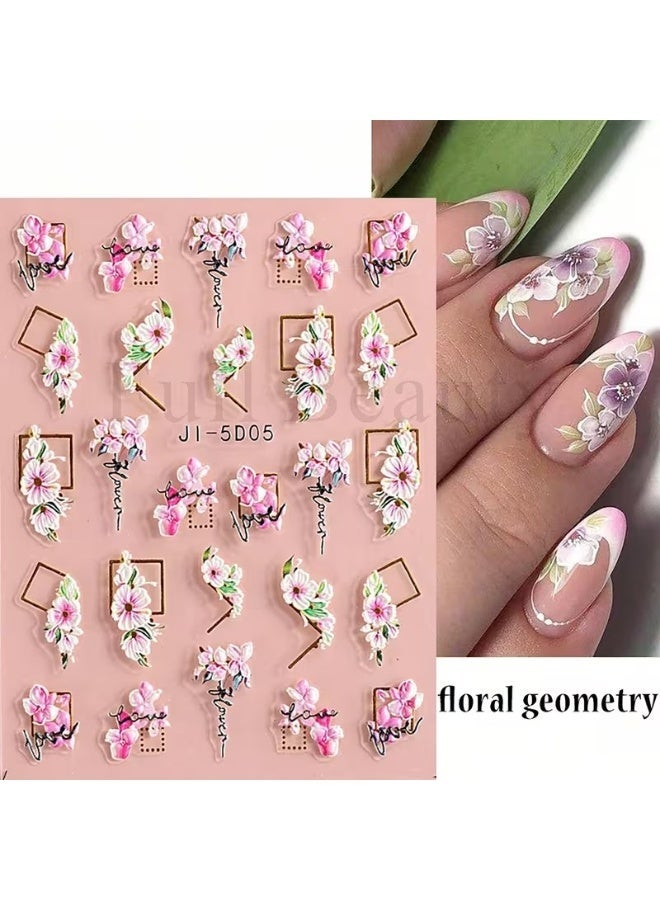 Goolsky 1 Sheet 5D Self-Adhesive Nail Art Stickers with Embossed Roses & Tulips, Glossy Finish & Golden Glitter Accents - Image 1