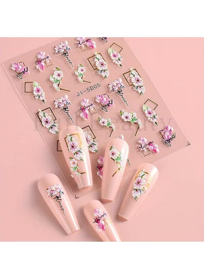 Goolsky 1 Sheet 5D Self-Adhesive Nail Art Stickers with Embossed Roses & Tulips, Glossy Finish & Golden Glitter Accents - Image 3