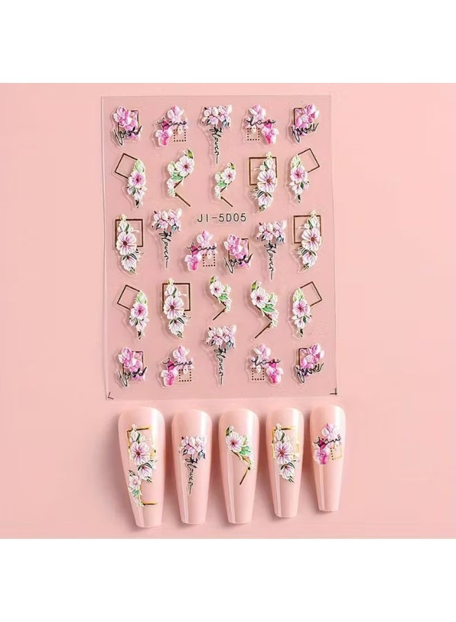 Goolsky 1 Sheet 5D Self-Adhesive Nail Art Stickers with Embossed Roses & Tulips, Glossy Finish & Golden Glitter Accents - Image 2