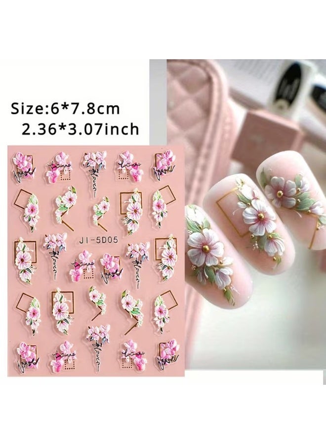Goolsky 1 Sheet 5D Self-Adhesive Nail Art Stickers with Embossed Roses & Tulips, Glossy Finish & Golden Glitter Accents - Image 4