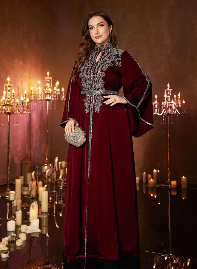 Unithorse burgundy Plus Size Burgundy Sequin Maxi Dress with Bell Sleeves for Women | Best Price UAE