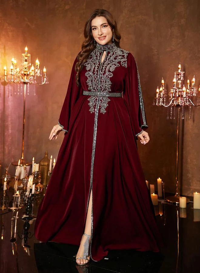 Unithorse burgundy Plus Size Burgundy Sequin Maxi Dress with Bell Sleeves for Women | Best Price UAE