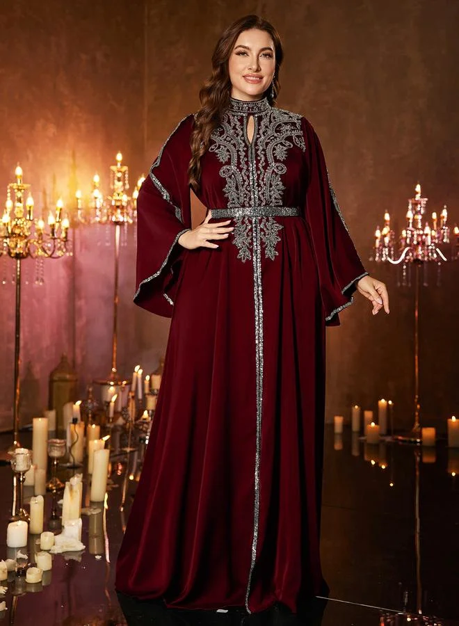 Unithorse burgundy Plus Size Burgundy Sequin Maxi Dress with Bell Sleeves for Women | Best Price UAE