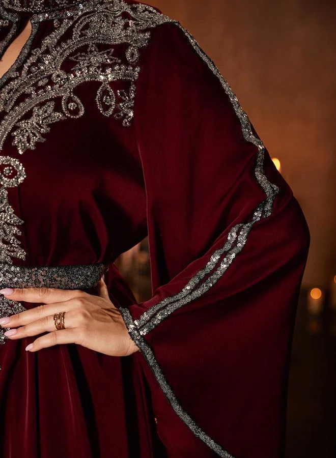 Unithorse burgundy Plus Size Burgundy Sequin Maxi Dress with Bell Sleeves for Women | Best Price UAE
