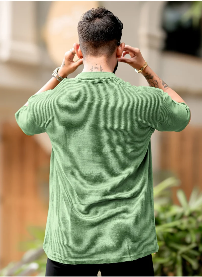 مانياك Maniac Mens Round Neck 3/4th Sleeve Hunter Green Corduroy Fabric Tshirt