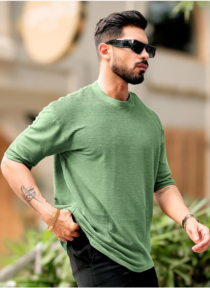 مانياك Maniac Mens Round Neck 3/4th Sleeve Hunter Green Corduroy Fabric Tshirt