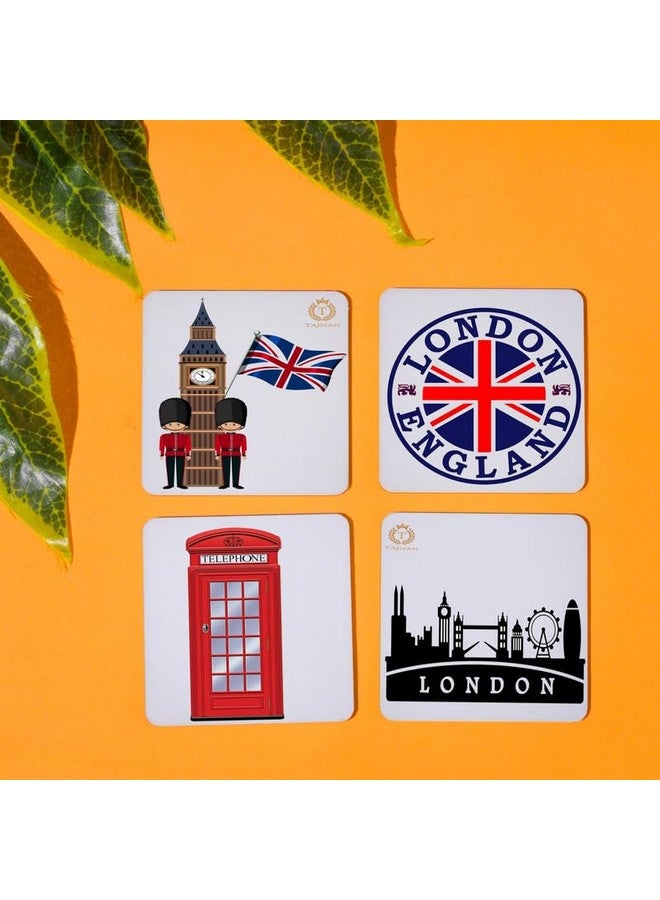TAJNAN TAJNAN London England Printed Coaster Set of 4 Beautiful Wooden Coasters Plastic Coating Designer Coaster Stand Set Fit for Tea Cups,Coffee Mugs & Glasses (Square&Designer 4x4 Inch) - Image 3