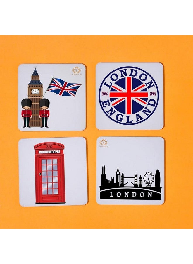 TAJNAN TAJNAN London England Printed Coaster Set of 4 Beautiful Wooden Coasters Plastic Coating Designer Coaster Stand Set Fit for Tea Cups,Coffee Mugs & Glasses (Square&Designer 4x4 Inch) - Image 2