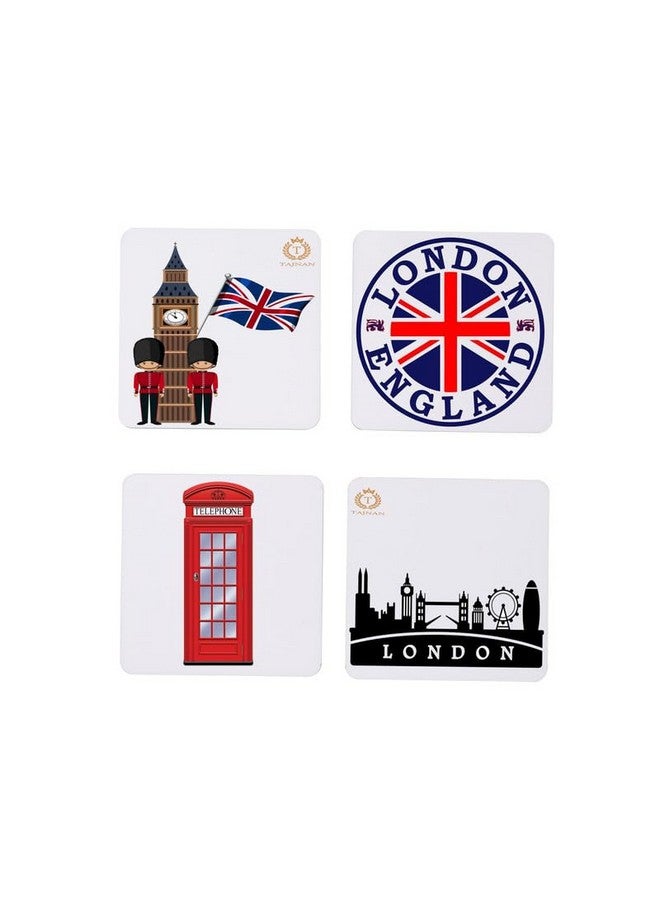 TAJNAN TAJNAN London England Printed Coaster Set of 4 Beautiful Wooden Coasters Plastic Coating Designer Coaster Stand Set Fit for Tea Cups,Coffee Mugs & Glasses (Square&Designer 4x4 Inch) - Image 1